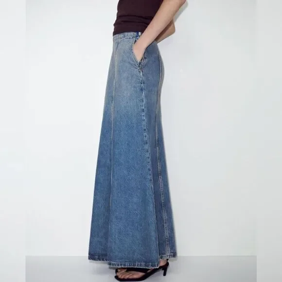 Zara Medium Wash Denim Maxi Skirt With Pockets Size Medium - Picture 5 of 8